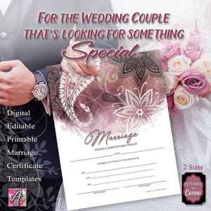 May include: A digital marriage certificate template featuring a dusty rose and white watercolor background with intricate black and white floral and paisley patterns. The document includes blank lines for names, dates, locations, and signatures for witnesses.