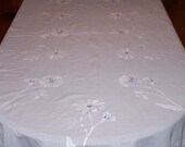 Vintage Hand Applique Tablecloth, 12 Napkins, Blue Organdy, 98 quot c1950