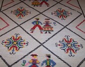 Pennsylvania Dutch Themed Bedspread, Cross Stitch Embroidery, Hex Signs, Dutch Figures, Stunning Unique, c1950