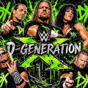 May include: A graphic poster featuring five professional wrestlers in black shirts with green DX logos. The center displays a large green X with the WWE logo and the text D-GENERATION. The background includes green paint splatters and metal chains.
