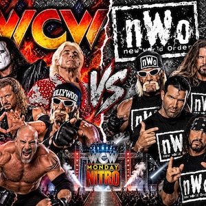 May include: A promotional graphic featuring WCW wrestlers on the left and nWo members on the right. The image displays the WCW logo, the nWo logo, and the text WCW Monday Nitro. Wrestlers include Sting, Ric Flair, DDP, Hulk Hogan, and Goldberg.