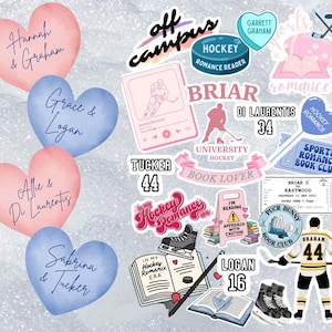 May include: A collection of stickers with a hockey romance theme. Includes heart-shaped stickers with names, hockey-related graphics, and text such as "Hockey Romance Reader," "Book Lover," and "In My Hockey Romance Era."