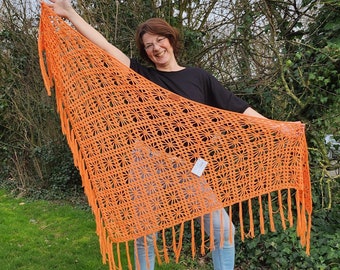 CLOTH XXXL - Shawl Scarf Fringe Stole Triangular Shawl Orange Crochet Shawl Cotton Polyacrylic