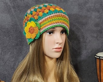 HAT Crocheted women's hat with flower Boho accessories autumn winter spring head circumference: approx. 52 - 60 cm Now available and ready to ship!