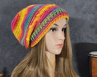 BEANIE HAT Crochet Men or Women Boho Beanie Hat Accessories Fall Winter Spring Rainbow Crochet Beanie Hat