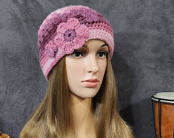 HAT Crocheted women's hat with three flowers Boho autumn winter spring Head circumference: approx. 52 - 60 cm Now available and ready to ship!