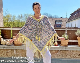 PONCHO Poncho tejido a ganchillo con flecos, Poncho de mujer tejido a mano con cubre flecos Estilo Boho