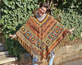 Hand Crocheted Poncho L/XL/XXL/3XL, Handmade Crochet Granny Squares Poncho Gypsy Boho