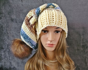 HAT, crocheted long unisex men's or women's hat in beanie look with faux fur pompom Ø 15-17 cm