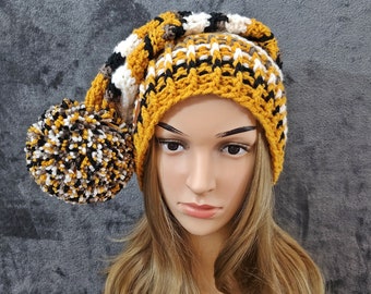 HAT, crocheted beanie look unisex men's or women's hat with large pompom approx. 10 cm