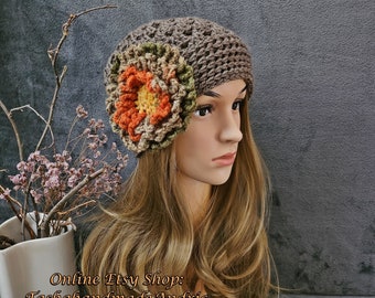 CAP HAT Crochet Mujer Accesorios Boho Otoño Invierno Primavera Sombrero de Ganchillo Sombrero con Flor Grande, Gorro de Ganchillo de Mujer con Flor Grande