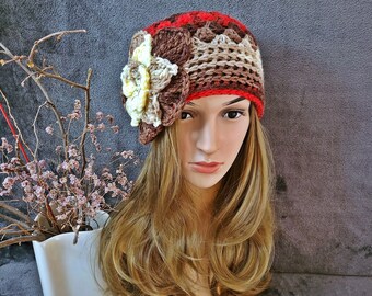 CAP HAT Crochet Mujer Accesorios Boho Otoño Invierno Primavera Sombrero de Ganchillo Sombrero con Flor Grande, Gorro de Ganchillo de Mujer con Flor Grande