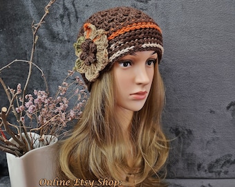 CAP HAT Crochet Mujer Accesorios Boho Otoño Invierno Primavera Sombrero de Ganchillo Sombrero con Flor Grande, Gorro de Ganchillo de Mujer con Flor Grande