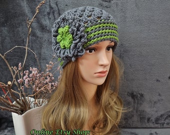 CAP HAT Crochet Mujer Accesorios Boho Otoño Invierno Primavera Sombrero de Ganchillo Sombrero con Flor Grande, Gorro de Ganchillo de Mujer con Flor Grande