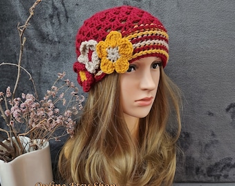 CAP HAT Crochet Women's Boho Accessories Autumn Winter Spring Crochet Hat Hat with three small flowers, Women's Crochet Cap with Flower