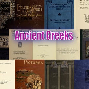 Può includere: Un collage di libri antichi con titoli relativi all'antica Grecia. I libri presentano vari colori, tra cui blu, marrone e oro, con testi come "Archeologia", "Etica" e "Storia Greca."