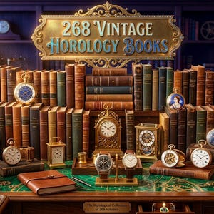 May include: A collection of 268 vintage horology books arranged on shelves and a desk, accompanied by various antique pocket watches, table clocks, and wristwatches. A prominent sign reads 268 Vintage Horology Books, with globes and leather-bound volumes.