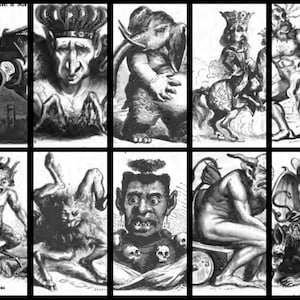 Puede incluir: Una colección de diez ilustraciones en blanco y negro que representan diversas criaturas y figuras fantásticas. Las imágenes, detalladas, parecen provenir de un libro o impresión antigua, mostrando una variedad de seres mitológicos y demoníacos.