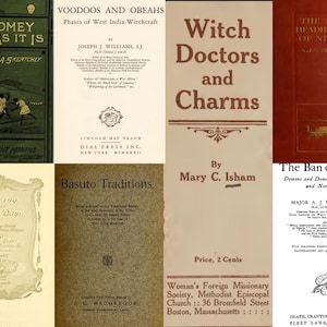May include: A collection of eight vintage book covers and title pages featuring various titles including Dahomey As It Is, Voodoos and Obeahs, Witch Doctors and Charms, The Tailed Headhunters of Nigeria, Cooking in Old Creole Days, and The Ban of the Bori.