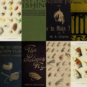 Peut inclure: Un collage de huit couvertures de livres et illustrations sur la pêche à la mouche. Les images présentent diverses mouches de pêche de différentes couleurs et styles, accompagnées de titres comme Dry-Fly Fishing, The Salmon Fly et How to Dress Salmon Flies.