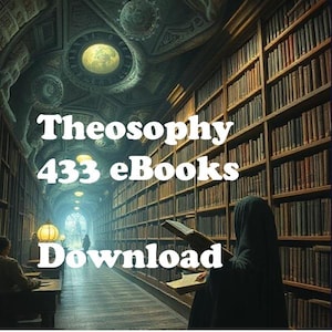 Op de afbeelding: Een afbeelding van een bibliotheek met de tekst "Theosophy 433 eBooks Download". De bibliotheek heeft hoge boekenkasten vol boeken. Een persoon leest een boek op de voorgrond. Het plafond heeft een groot, rond, verlicht kenmerk.