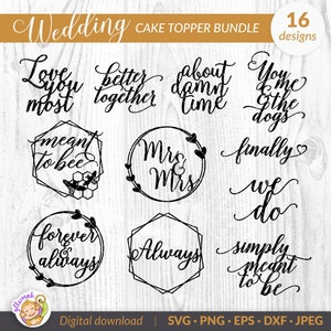 Pacote de topo de bolo de casamento SVG | Arquivo de corte do topo de bolo, svg png dxf, topper de bolo de casamento svg, download instantâneo, arquivo SVG de casamento