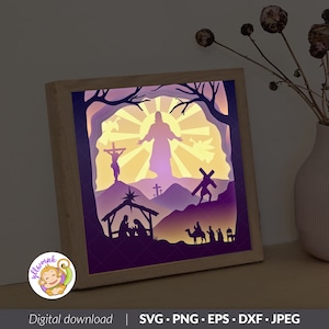 Modello di scatola delle ombre 3D di Gesù Natale, scatola luminosa tagliata di carta di Gesù Cristo, Shadowbox Cricut, file Silhouette, file digitale, SVG (8x8 pollici)