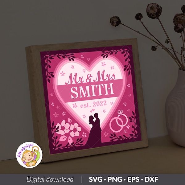 Customizable 3D WEDDING SVG Shadow box Template, Wedding Light Box, for Cricut, for Silhouette, for laser cutting, 9 layers (8x8inch)