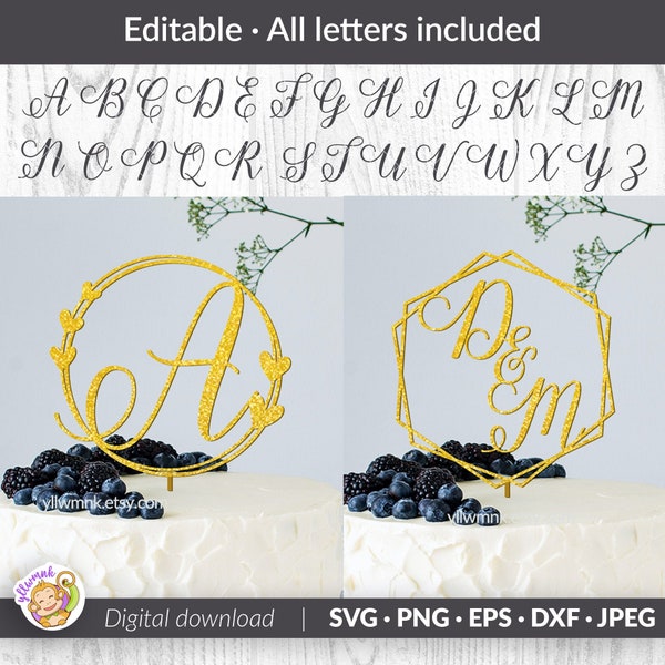 Monogram Wedding Cake Topper SVG, All letters included | Cake Topper svg, Wedding cake topper svg, Instant download, Wedding SVG file