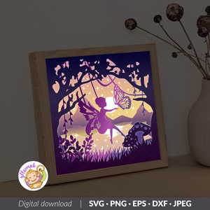 Fairy 3D Shadow box Template, Butterfly Paper Cut Light Box, Shadowbox card Cricut, Silhouette files, SVG Digital File (8x8inch)