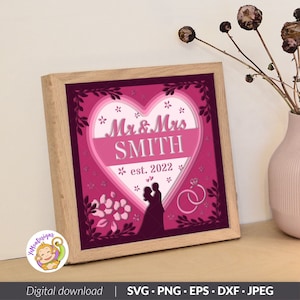 Modelo de caixa de sombra SVG de casamento 3D personalizável, caixa de luz de casamento, para Cricut, para silhueta, para corte a laser, 9 camadas (8x8 polegadas)