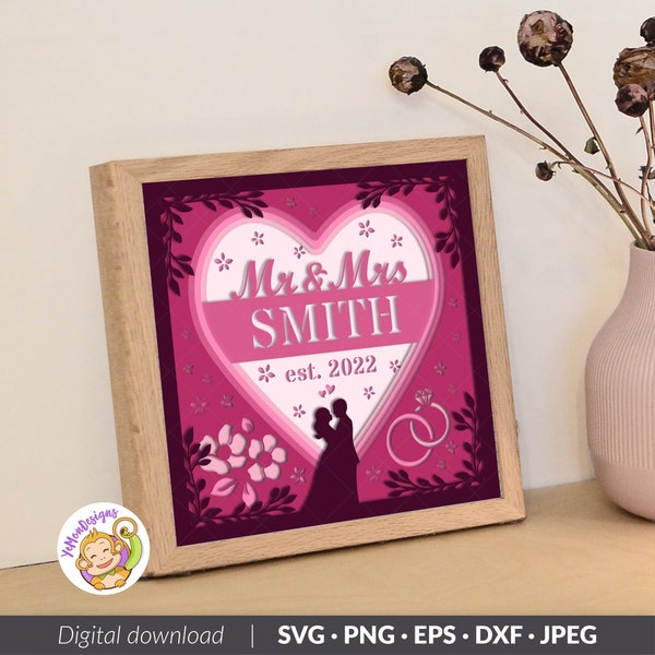 Customizable 3D WEDDING SVG Shadow box Template, Wedding Light Box, for Cricut, for Silhouette, for laser cutting, 9 layers (8x8inch)