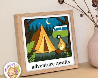 3D Camping Shadow Box SVG Template, Tent and Van Scene (8x8 inch)