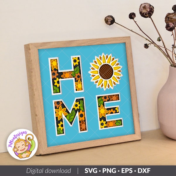 3D Home Sunflower SVG Shadow box Template, Sunflower Multilayer Mandala SVG, Cricut svg, laser cutting, Digital Files, Silhouette (8x8inch)