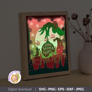 Modèle de boîte d’ombre 3D de Noël, Funny Noel Holiday Paper Cut Light Box, Shadowbox, fichiers de découpe Cricut, fichier numérique, SVG (8x10inch)