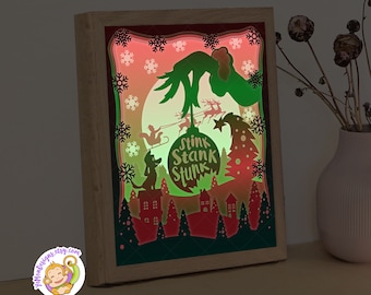 Grinch Christmas Shadow Box Template, Funny Noel Papercut (SVG, 8x10inch)
