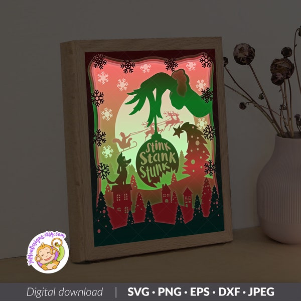 Modèle de boîte d’ombre 3D de Noël, Funny Noel Holiday Paper Cut Light Box, Shadowbox, fichiers de découpe Cricut, fichier numérique, SVG (8x10inch)