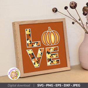 Love Pumpkin 3D Shadow box Template, Fall leaves pumpkin Multilayer SVG, Cricut svg cutting files, Digital Files, Silhouette, SVG (8x8inch)