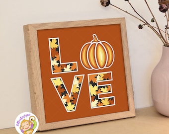 Love Pumpkin 3D Shadow Box Template, Fall Leaves SVG (8x8 inch)