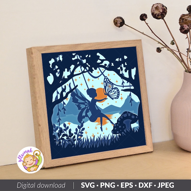 Fairy 3D Shadow box Template, Butterfly Paper Cut Light Box, Shadowbox card Cricut, Silhouette files, SVG Digital File 8x8inch zdjęcie 5