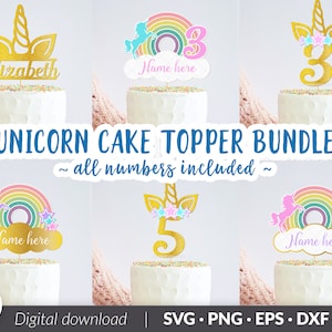 Unicorn Birthday Cake Topper Bundle, All numbers included | Birthday svg bundle, Birthday Cake Topper SVG, PNG, DXF Instant download