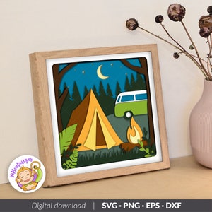 3D Camping Shadow box SVG, camping svg, van svg, nature svg, adventure svg, layered cardstock for Cricut, for Silhouette (8x8inch)