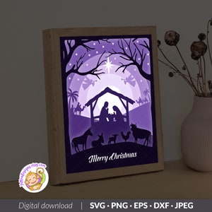 Christmas Nativity 3D Shadow box Template, Jesus Birth Paper Cut Light Box, Shadowbox Cricut, Silhouette files, Digital File, SVG (8x10inch)