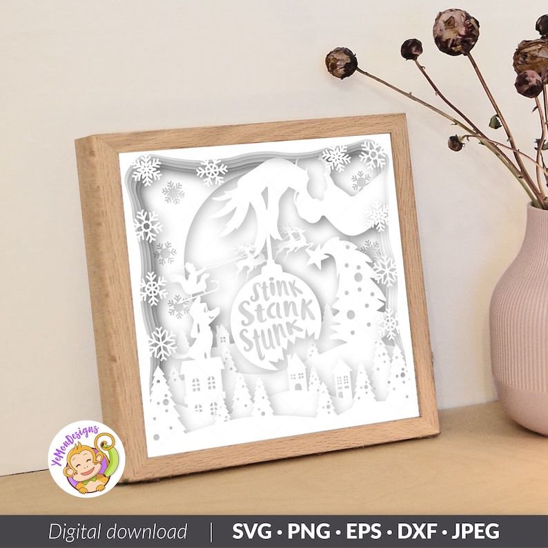 Stole Christmas 3D Shadow box Template, Stink Stank Stunk Paper Cut Light Box, Shadowbox, Cricut cutting files, Digital File, SVG 8x8inch image 6