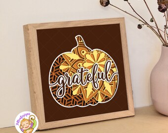 Grateful Pumpkin Shadow Box Template, Thanksgiving SVG (8x8 inch) (Digital Files)