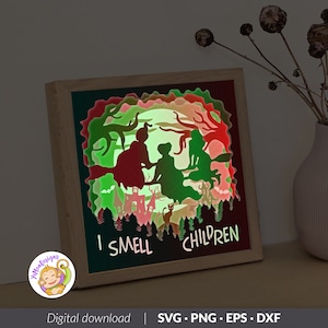 Flying witches SVG Halloween 3D Shadow box Template, Halloween Paper Cut Light Box, Shadowbox, Cricut cutting files, Digital File (8x8inch)