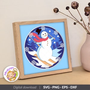Snowman Skiing 3D Shadow box SVG Template, Christmas Paper Cut Light Box, Winter Shadowbox, Cricut cutting files, Digital Download (8x8inch)