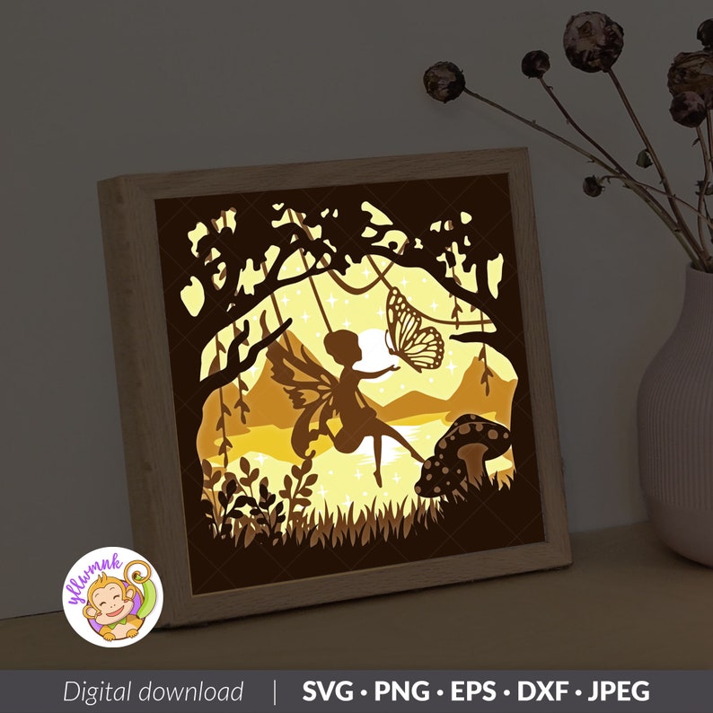 Fairy 3D Shadow box Template, Butterfly Paper Cut Light Box, Shadowbox card Cricut, Silhouette files, SVG Digital File 8x8inch image 3