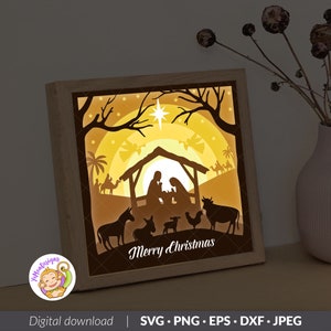 Christmas Nativity 3D Shadow box Template, Jesus Birth Paper Cut Light Box, Shadowbox Cricut, Silhouette files, Digital File, SVG (8x8inch)