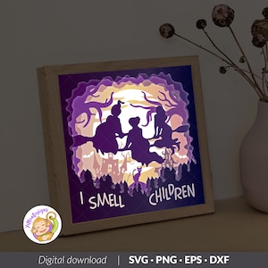Latające Wiedźmy SVG Halloween 3D Szablon pudełka z cieniem, Pudełko z wycinanym papierem na Halloween, Pudełko z cieniem, Pliki do cięcia Cricut, Plik cyfrowy (8 x 8 cali)